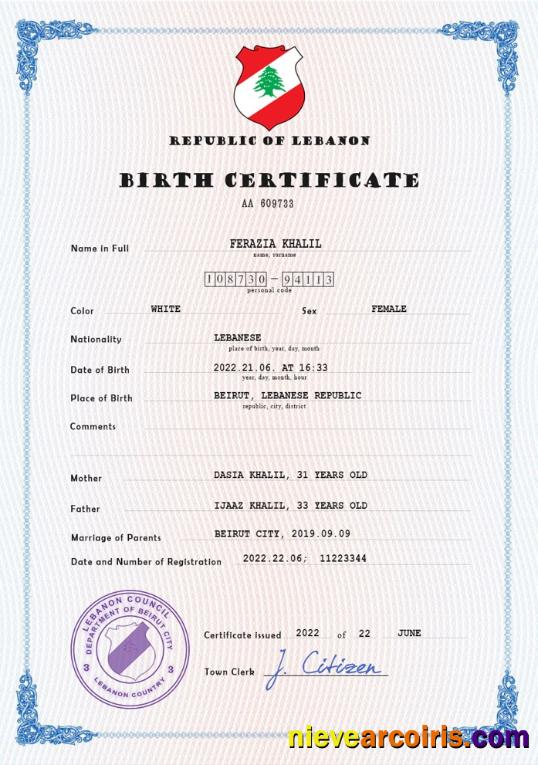 Lebanon vital record birth certificate